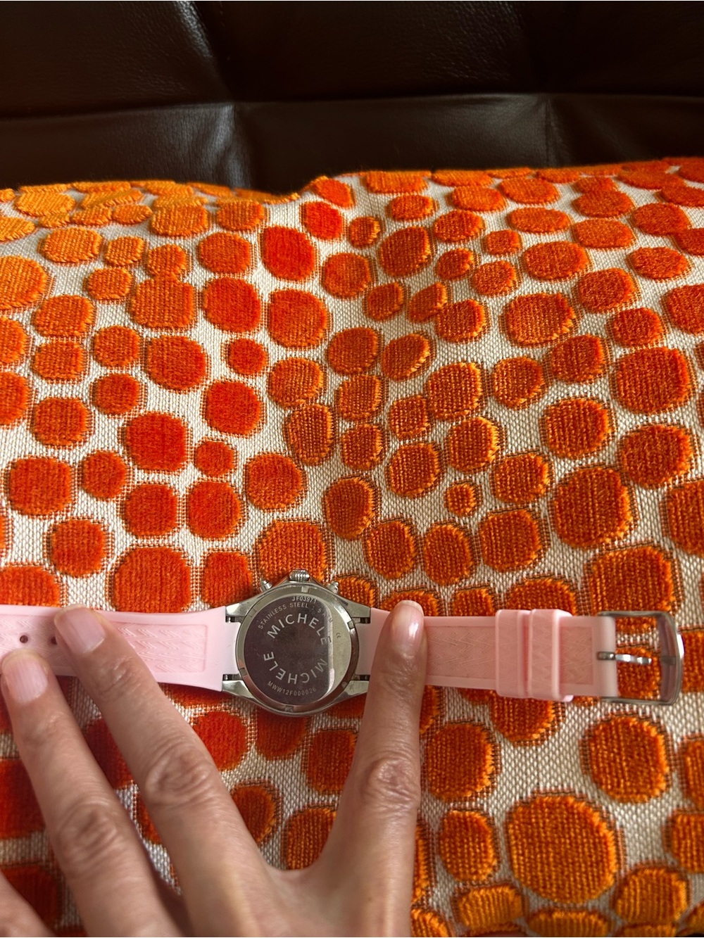 Michele Pink Silicone Strap Chronograph Watch with Silver-Tone Case - Picture 5 of 7